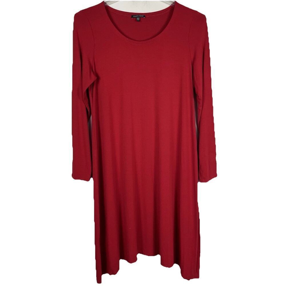 Eileen Fisher Swing Dress Women Large Red Classic Minimalist Holiday Stretch USA